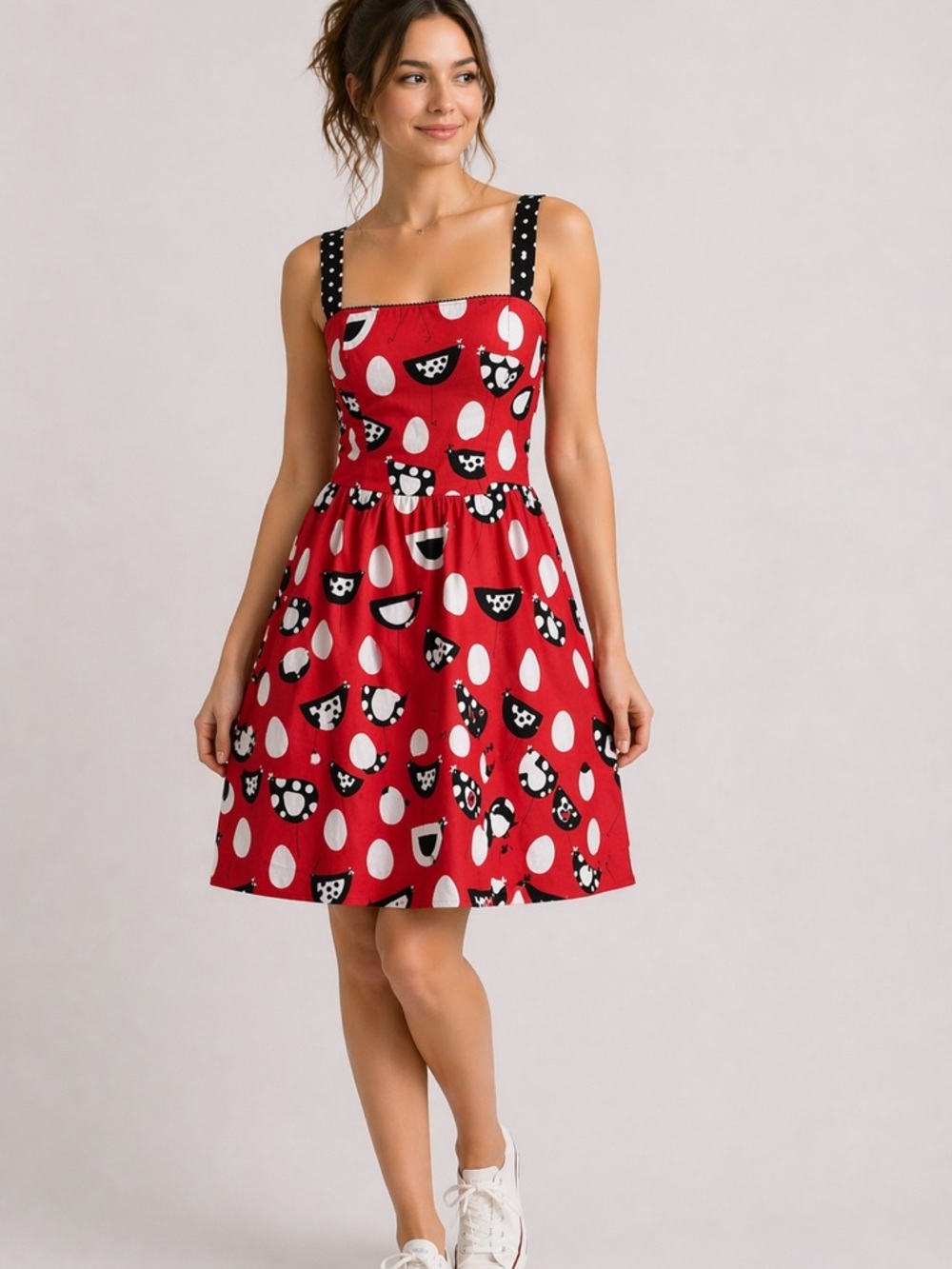 Folter Retro Chicken Print Sundress Red Black White Polka Dot Straps
